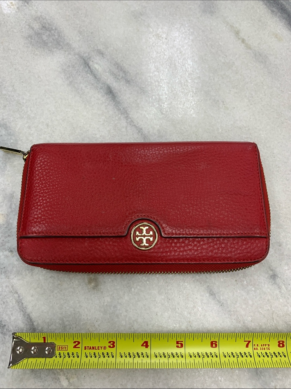 Tory Burch Red Pebbled Leather Zip Wallet with Gold Logo